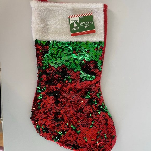 NWT Christmas House Red & Green Sequin Stocking White Trim, Felt Back - Picture 5 of 6